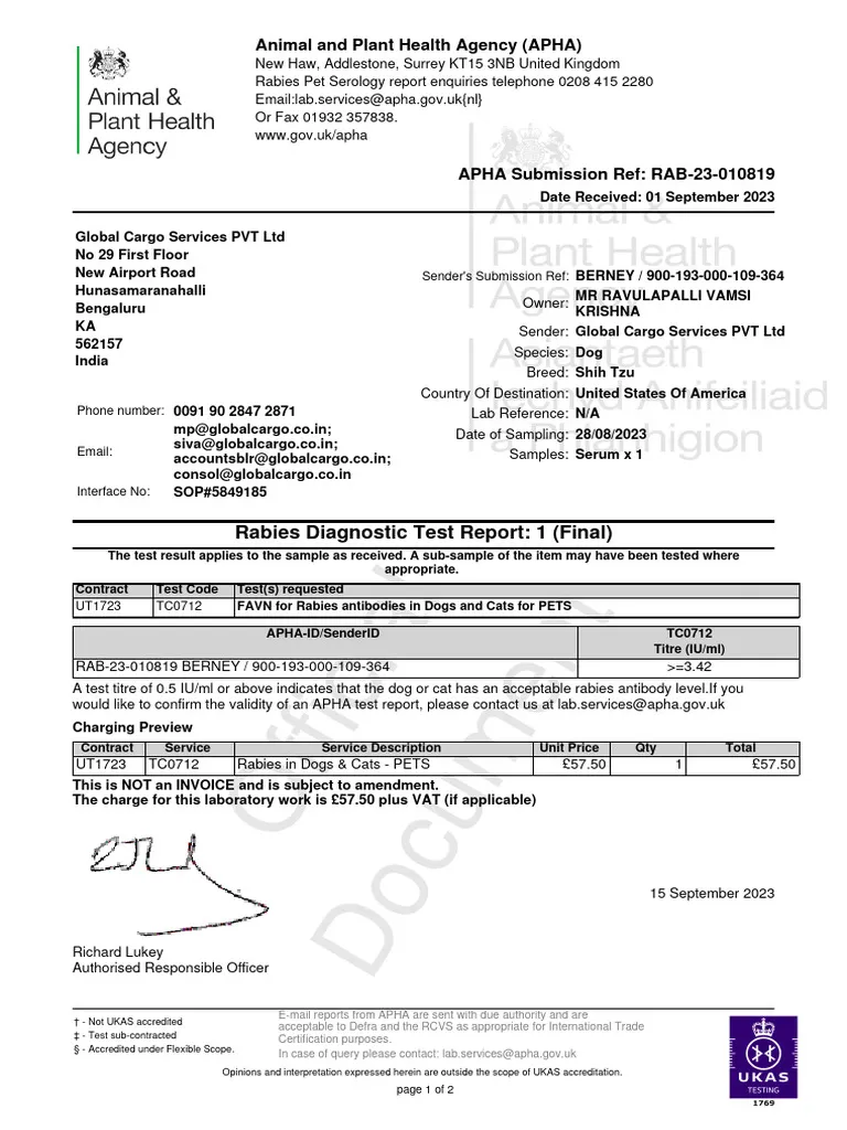 Mẫu giấy xét nghiệm test kháng thể dại (Rabies Titer Test) cho thú cưng